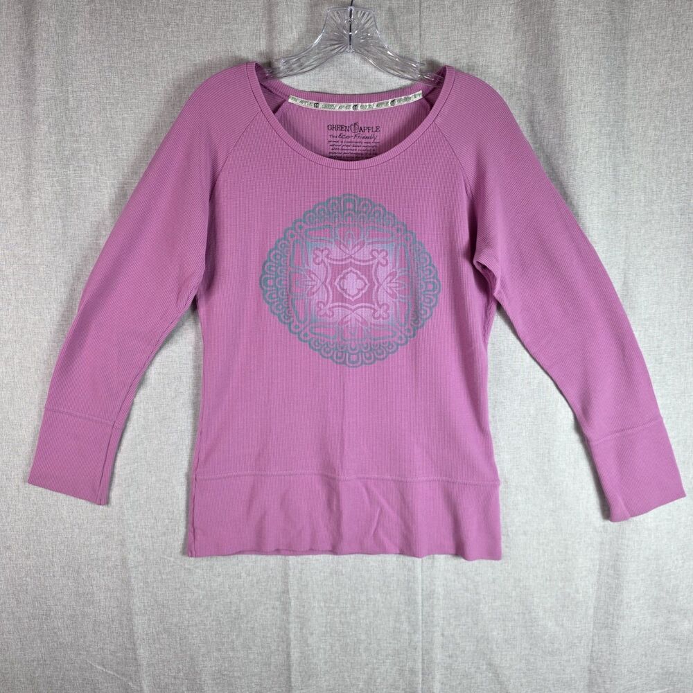 Green Apple Active Waffle Knit Pullover Top Pink Bamboo Cotton Blend Medallion L